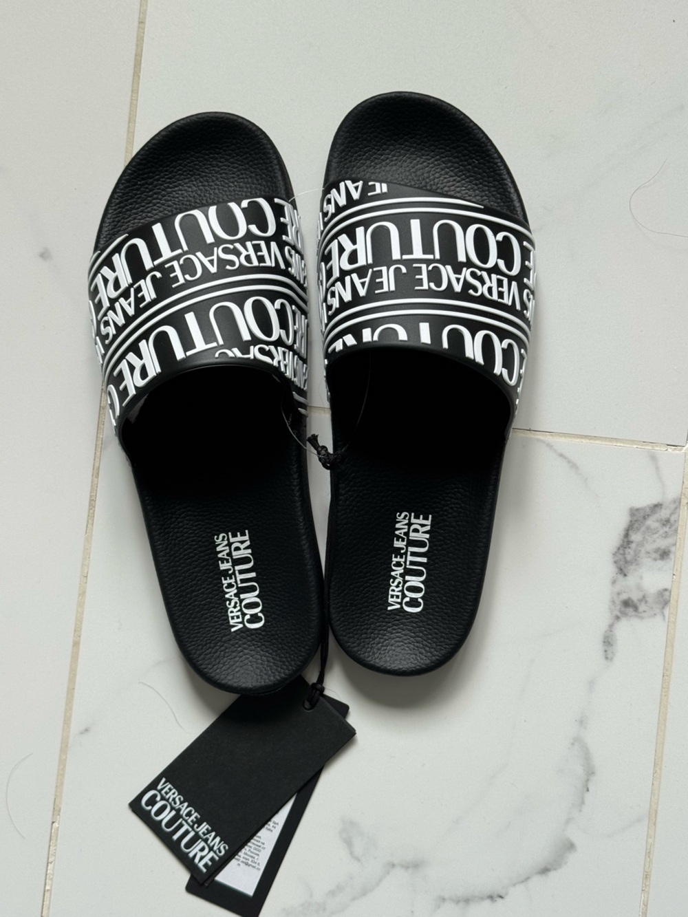 Versace Jeans Couture Black & White Logo Slide Sandals